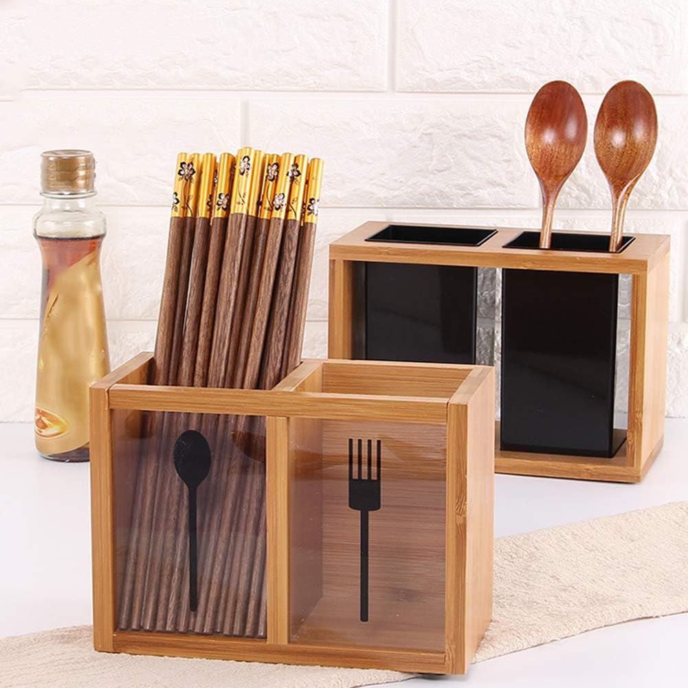 Bamboo Cutlery Organiser Kitchen Utensil Holder with 2 Compartments