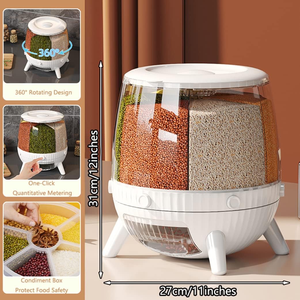 Cereal Dispenser 6 Grid – Large Capacity 6KG 360° Rotating Food Storage Container