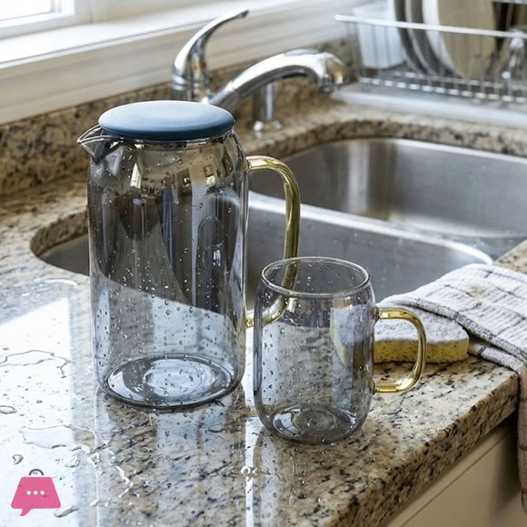7-Piece Smoky Grey Glass Water Set – Heat-Resistant Pitcher with 6 Mugs and Gold Handles