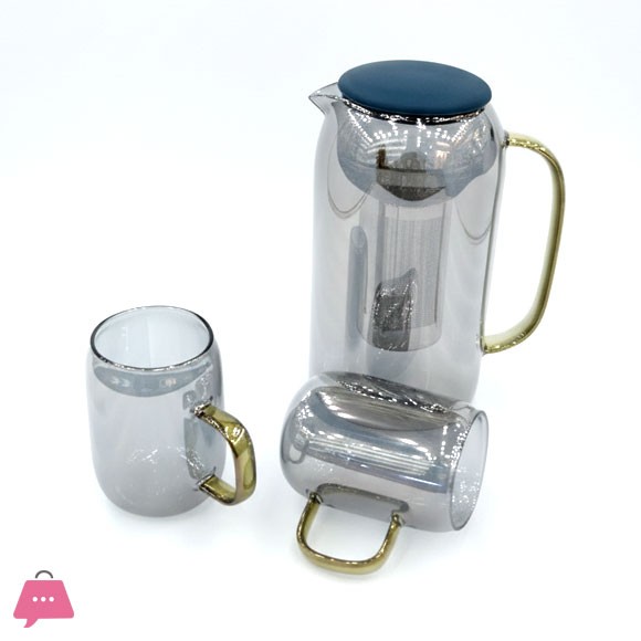 7-Piece Smoky Grey Glass Water Set – Heat-Resistant Pitcher with 6 Mugs and Gold Handles