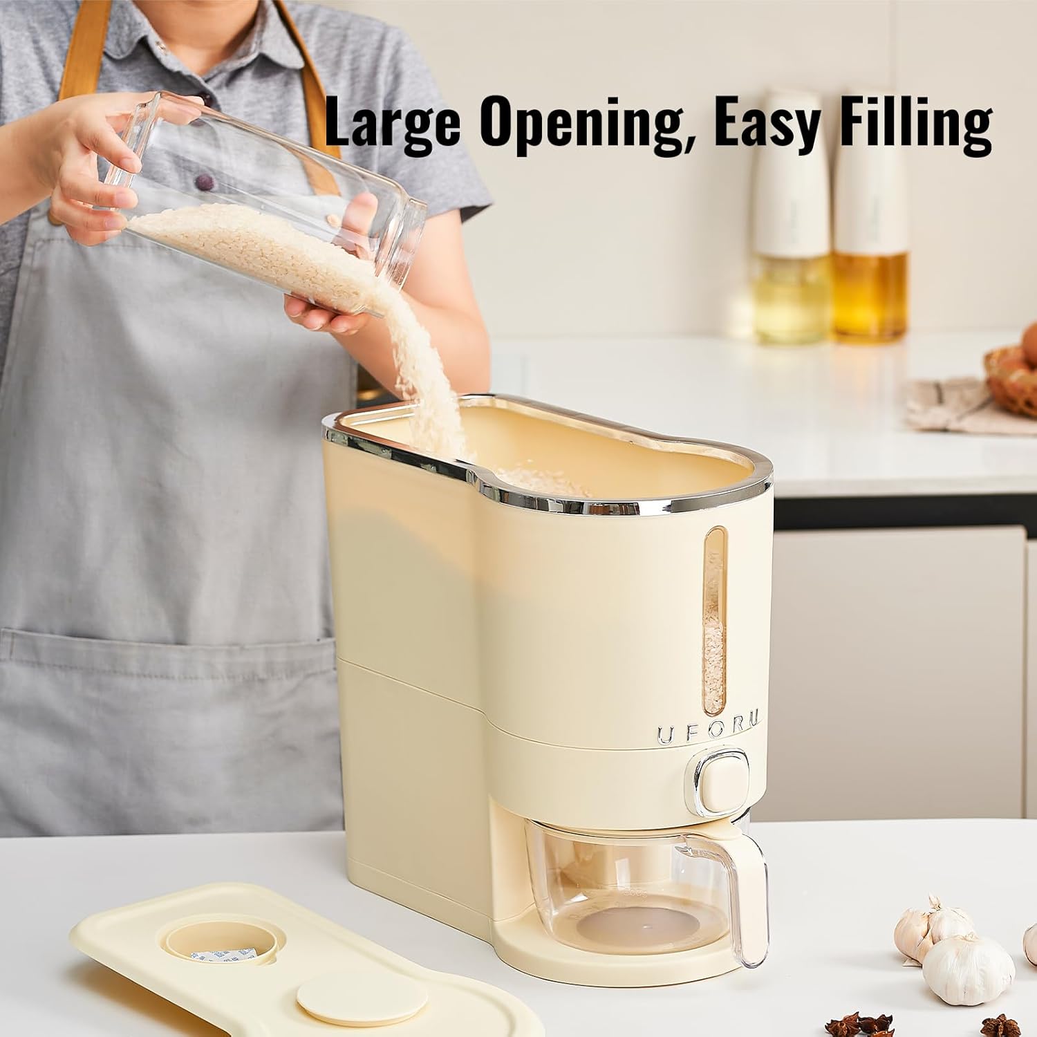 UFORU Rice Dispenser Rice Storage Container with Measuring Cup for Kitchen Pantry Household Storage Containers Airtight, Sealed Moisture Proof