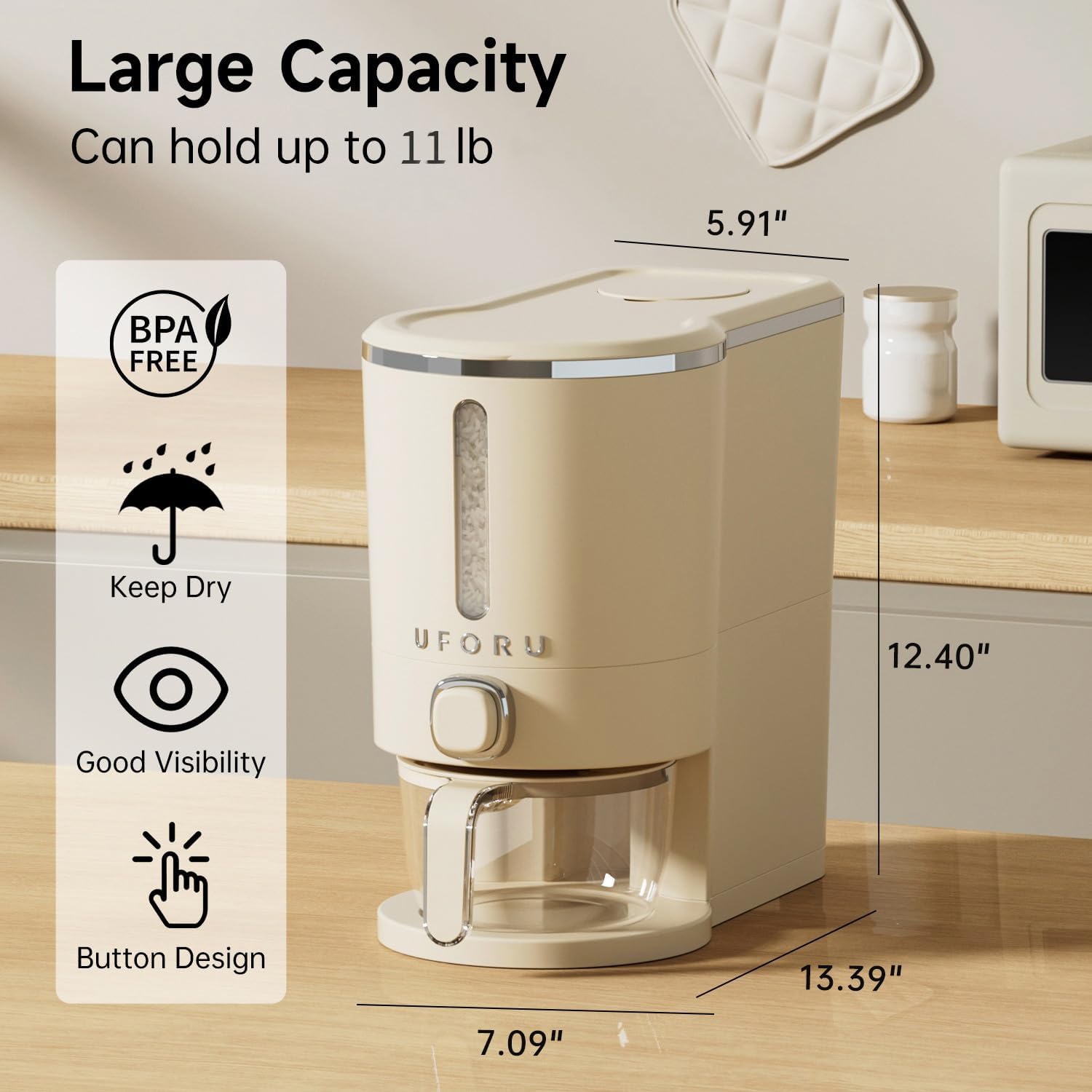 UFORU Rice Dispenser Rice Storage Container with Measuring Cup for Kitchen Pantry Household Storage Containers Airtight, Sealed Moisture Proof