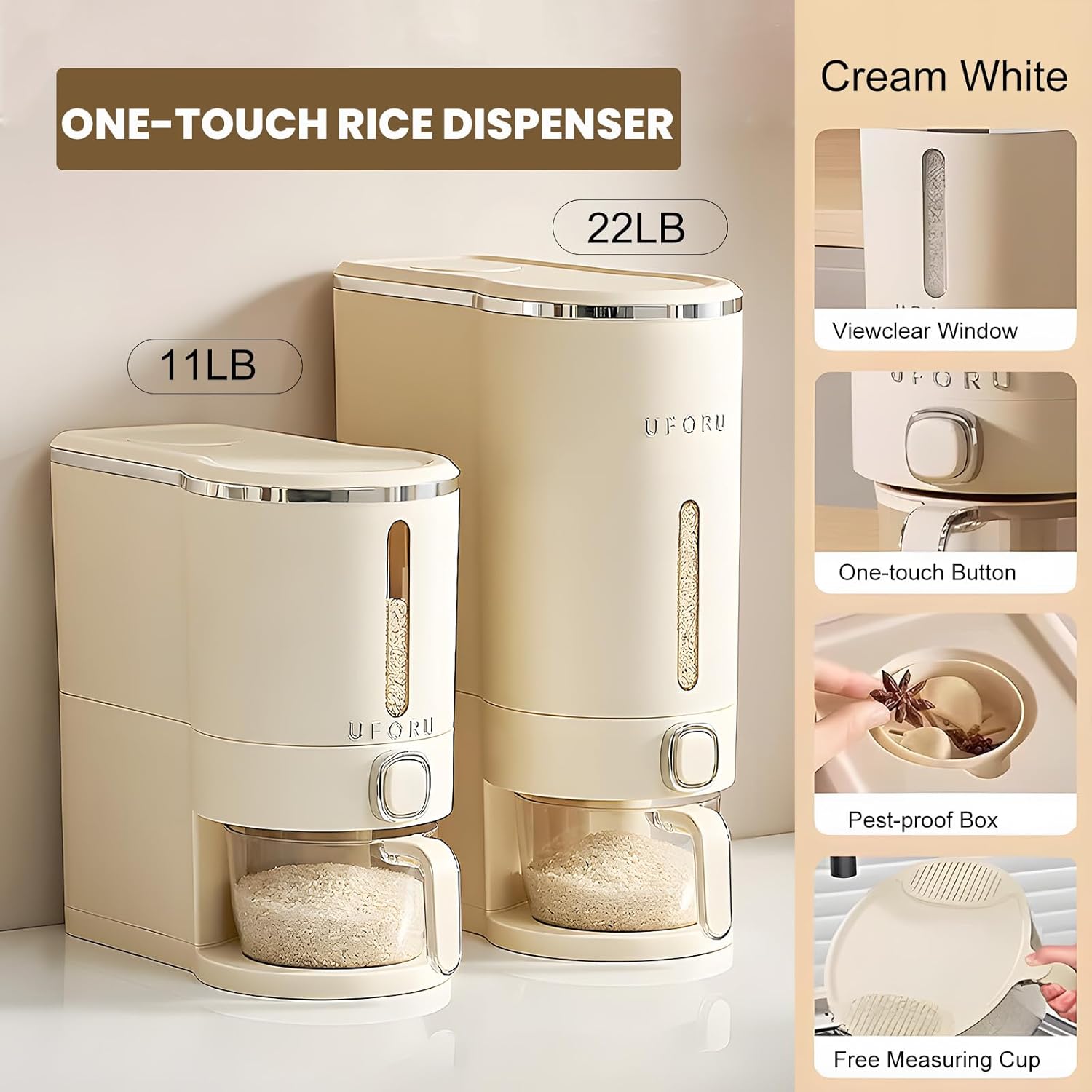 UFORU Rice Dispenser Rice Storage Container with Measuring Cup for Kitchen Pantry Household Storage Containers Airtight, Sealed Moisture Proof
