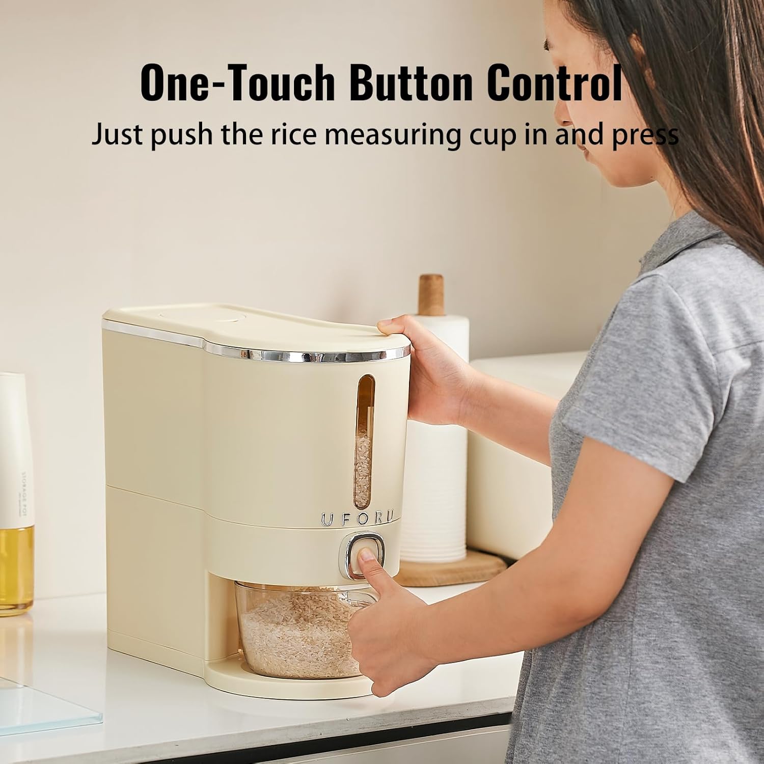 UFORU Rice Dispenser Rice Storage Container with Measuring Cup for Kitchen Pantry Household Storage Containers Airtight, Sealed Moisture Proof