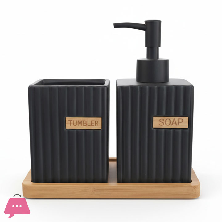 Modern Bamboo & Concrete Bath Accessory Set - Soap Dispenser & Toothbrush Holder