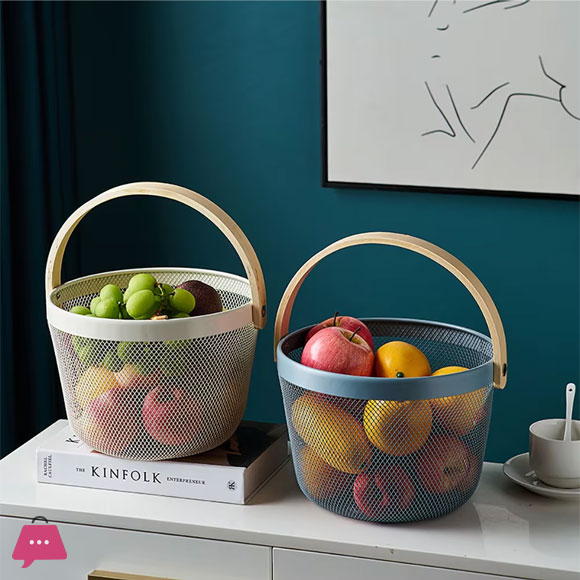 Metal Mesh Fruit Basket Bin with Wood Handle Kitchen Food Storage Organize Wrought Iron Round Storage Basket