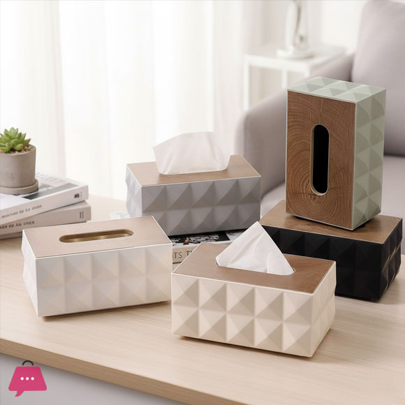 Modern Geometric Tissue Box Cover with Wooden Finish Lid