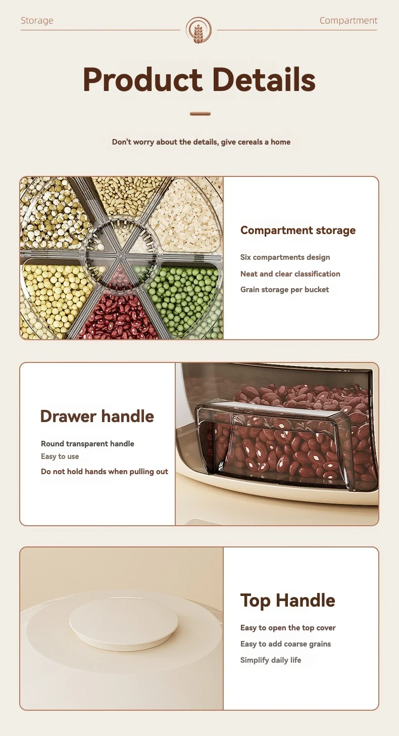 Round Shape Dry Food Beans Bins Rice Dispenser Bucket Rotating Storage Box Kitchen Grain Container Cereal Dispenser
