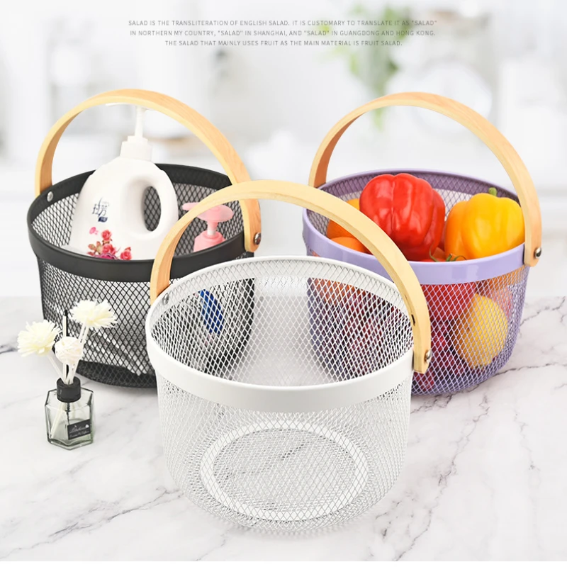Metal Mesh Fruit Basket Bin with Wood Handle Kitchen Food Storage Organize Wrought Iron Round Storage Basket