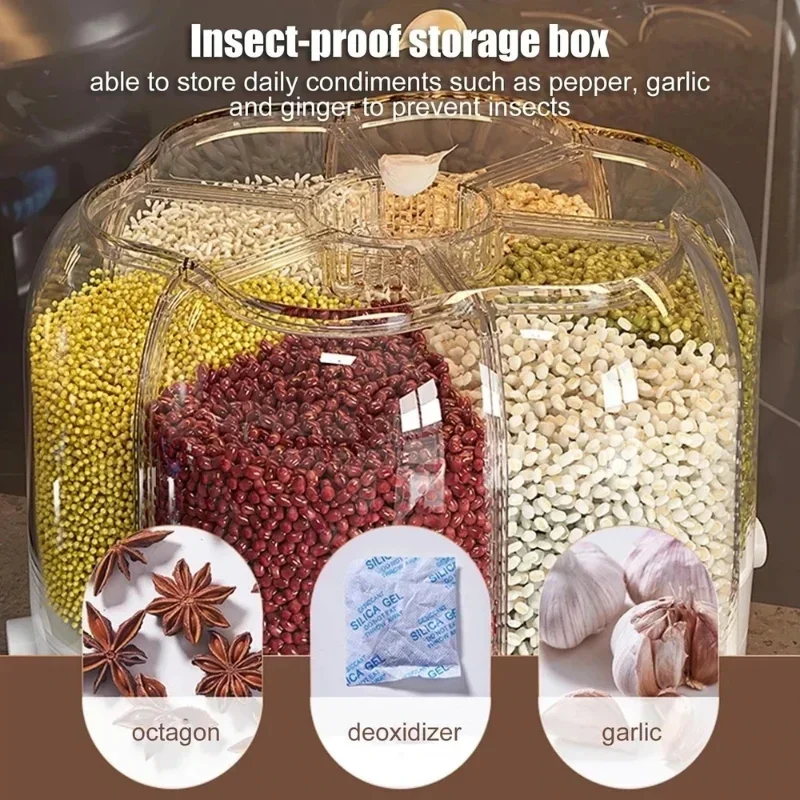 Large Food Storage Container 360° Rotating Rice Barrels Sealed Cereal Dispenser Rice Tank Grain Box Kitchen Storage Container