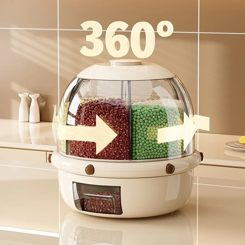 Round Shape Dry Food Beans Bins Rice Dispenser Bucket Rotating Storage Box Kitchen Grain Container Cereal Dispenser