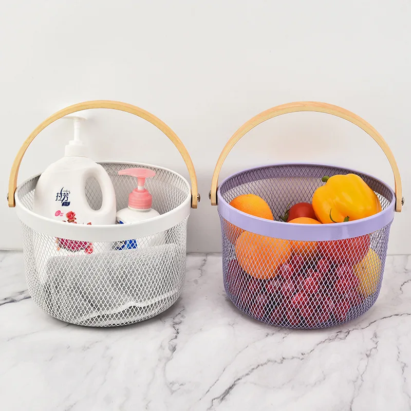 Metal Mesh Fruit Basket Bin with Wood Handle Kitchen Food Storage Organize Wrought Iron Round Storage Basket