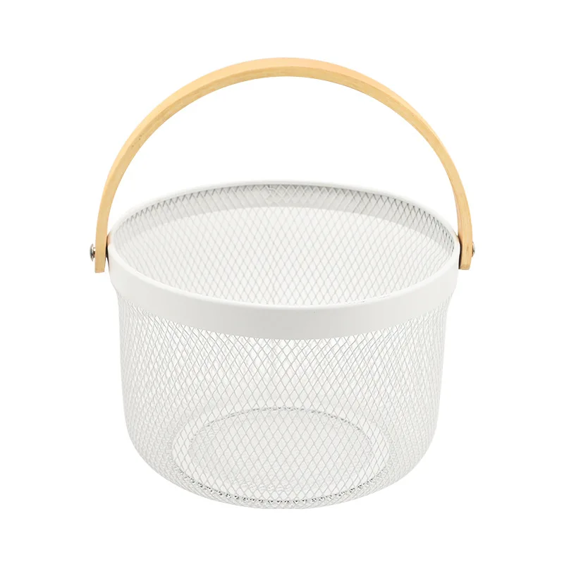 Metal Mesh Fruit Basket Bin with Wood Handle Kitchen Food Storage Organize Wrought Iron Round Storage Basket