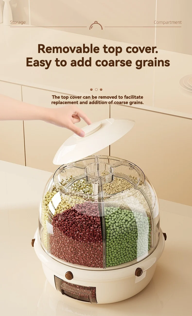 Round Shape Dry Food Beans Bins Rice Dispenser Bucket Rotating Storage Box Kitchen Grain Container Cereal Dispenser