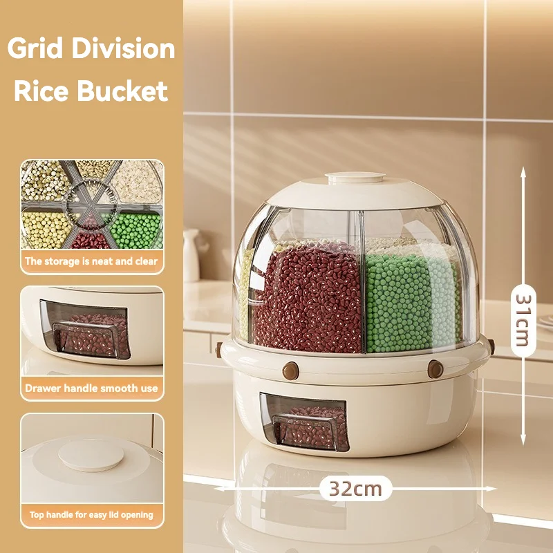 Round Shape Dry Food Beans Bins Rice Dispenser Bucket Rotating Storage Box Kitchen Grain Container Cereal Dispenser