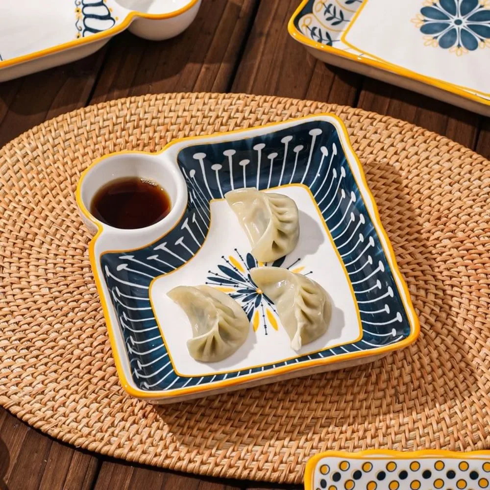 7-Inch Dumpling Special Plate,Ceramic with Vinegar Trays Breakfast Grid Plate