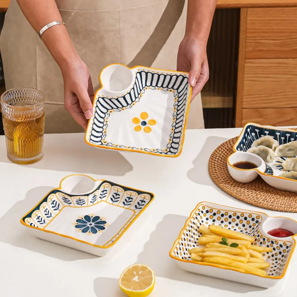 7-Inch Dumpling Special Plate,Ceramic with Vinegar Trays Breakfast Grid Plate