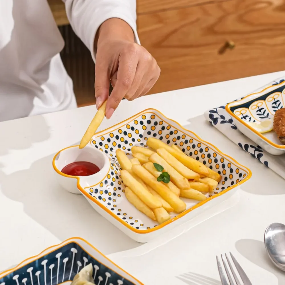 7-Inch Dumpling Special Plate,Ceramic with Vinegar Trays Breakfast Grid Plate