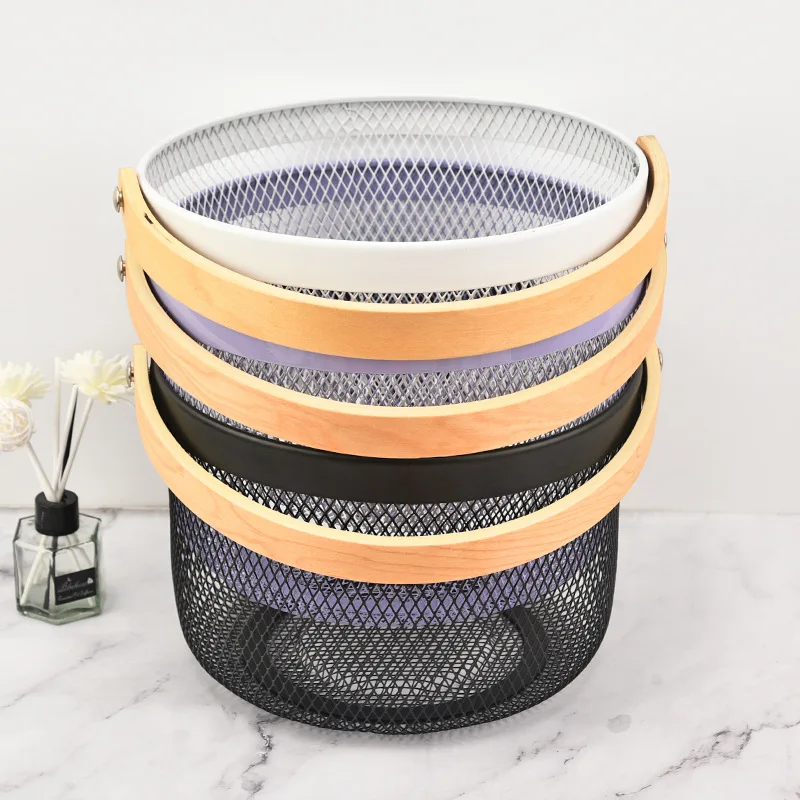Metal Mesh Fruit Basket Bin with Wood Handle Kitchen Food Storage Organize Wrought Iron Round Storage Basket