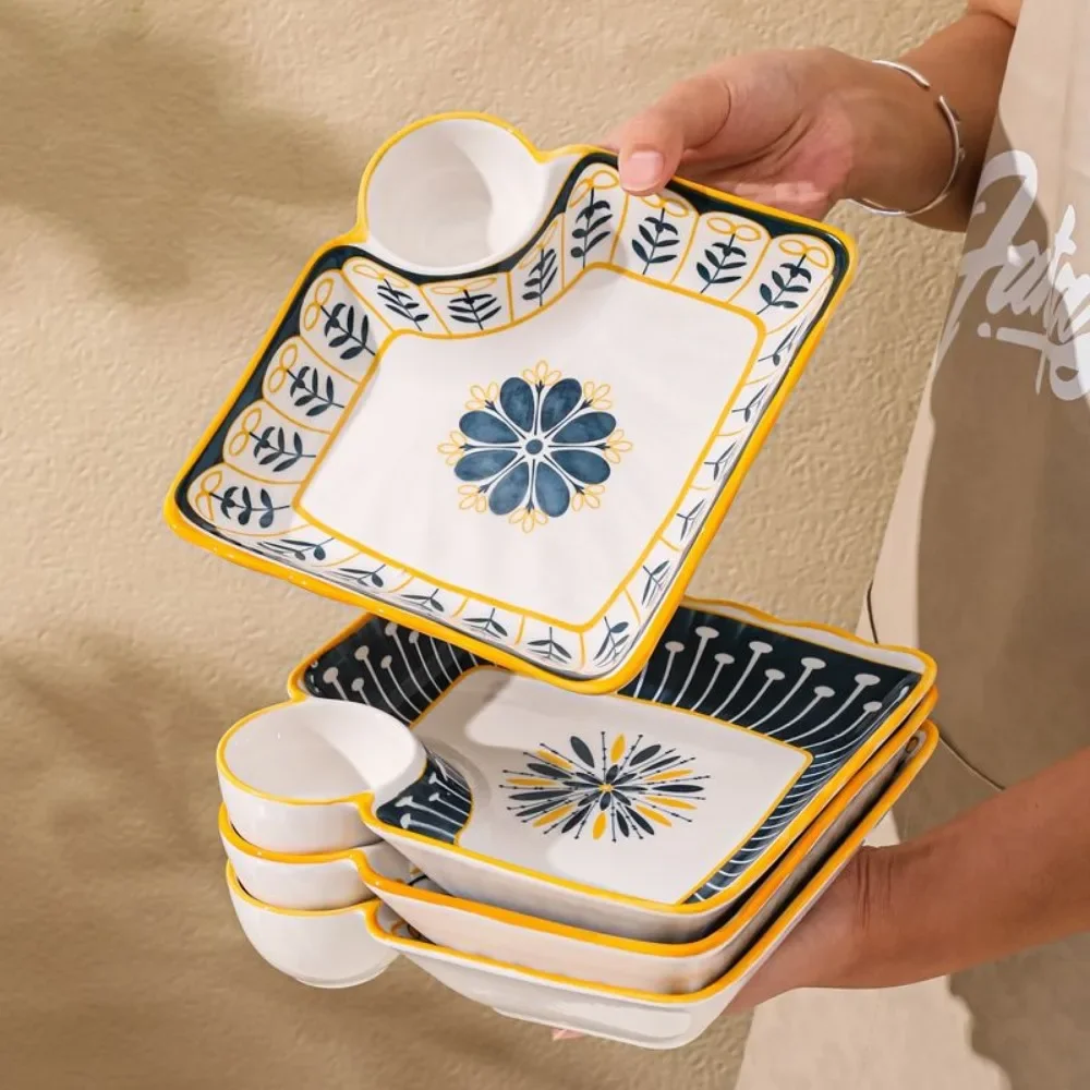 7-Inch Dumpling Special Plate,Ceramic with Vinegar Trays Breakfast Grid Plate
