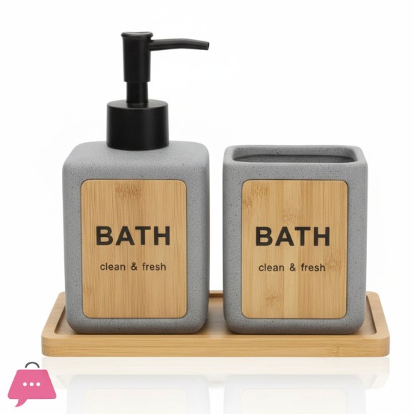 Modern Bamboo & Concrete Bath Accessory Set - Soap Dispenser & Toothbrush Holder