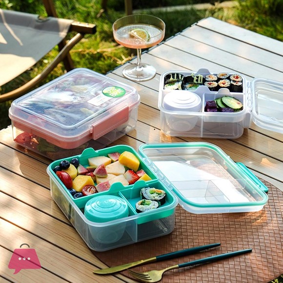 Bento Portable Plastic Lunch Box with Internal Compartments, Airtight Closure, and Top Handle 1650ml