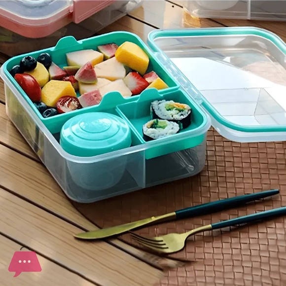 Bento Portable Plastic Lunch Box with Internal Compartments, Airtight Closure, and Top Handle 1650ml