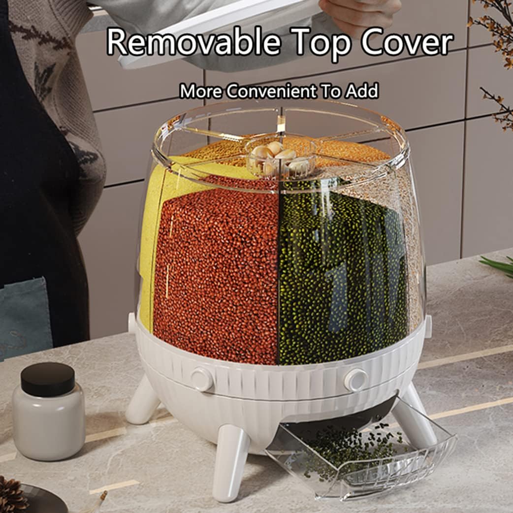 Cereal Dispenser 6 Grid – Large Capacity 6KG 360° Rotating Food Storage Container