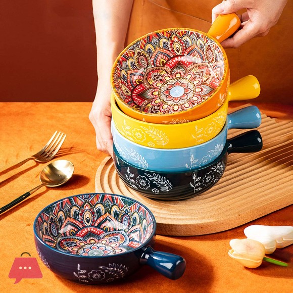 Ceramic Serving Bowl Paya Dish with Handle 600ml, Shallow Single Bowl Microwave and Oven Safe