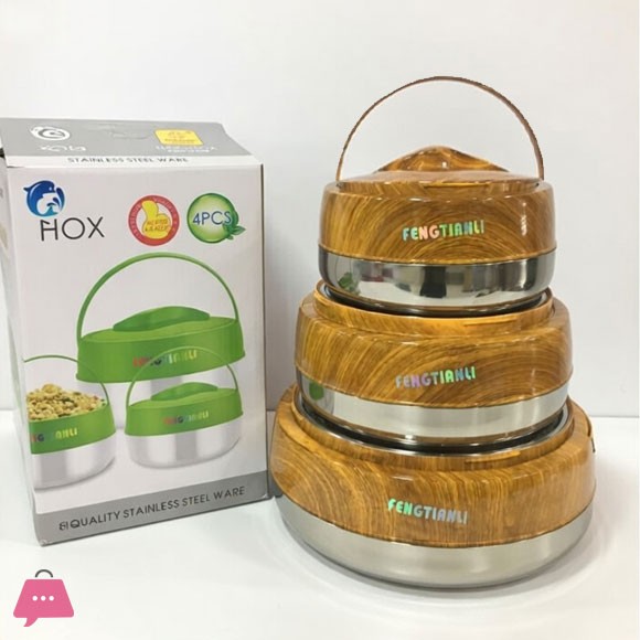 FENGTIANLI Wood Texture Stainless Steel Double Heat Preservation Hot Pot Food Warmer Container 3pcs