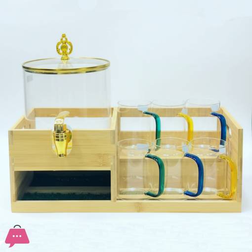 Glass Beverage Dispenser with Bamboo Stand and Matching Glasses