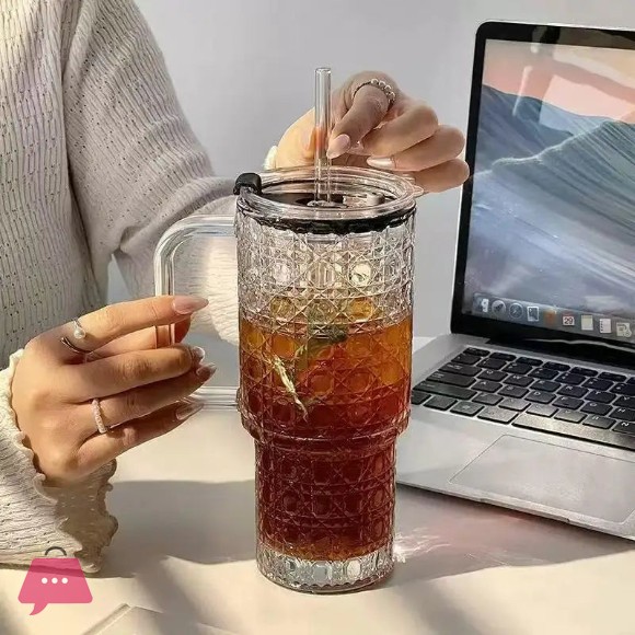 Glass Tumbler with Handle & Straw – 750ml Leak-Proof Mug