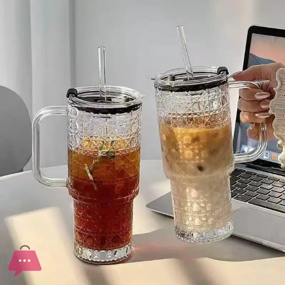 Glass Tumbler with Handle & Straw – 750ml Leak-Proof Mug