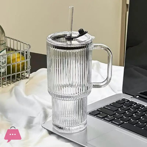 Glass Tumbler with Handle & Straw – 750ml Leak-Proof Mug