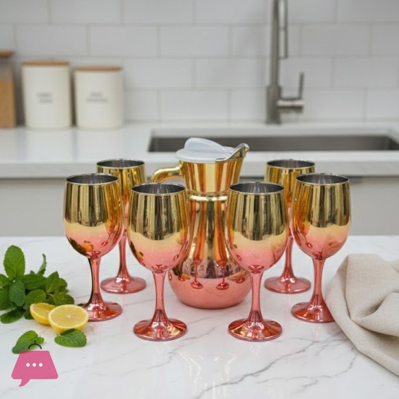 Gold & Color Accent Water Pitcher & Goblet Set