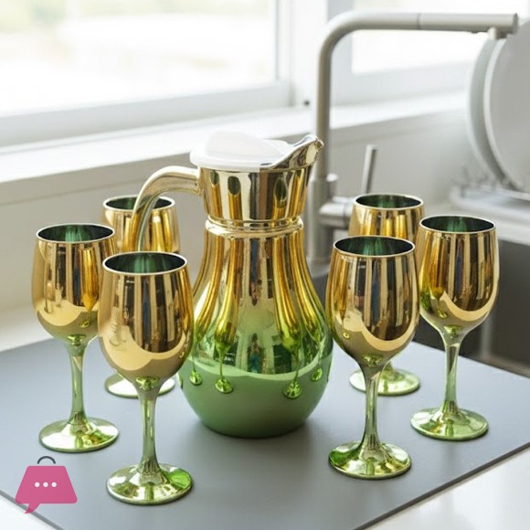 Gold & Color Accent Water Pitcher & Goblet Set