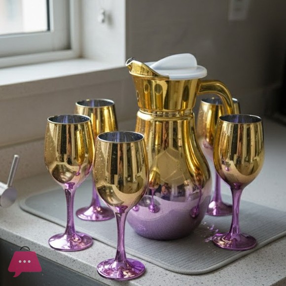 Gold & Color Accent Water Pitcher & Goblet Set