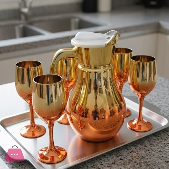 Gold & Color Accent Water Pitcher & Goblet Set