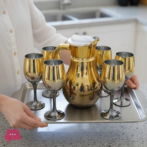 Gold & Color Accent Water Pitcher & Goblet Set