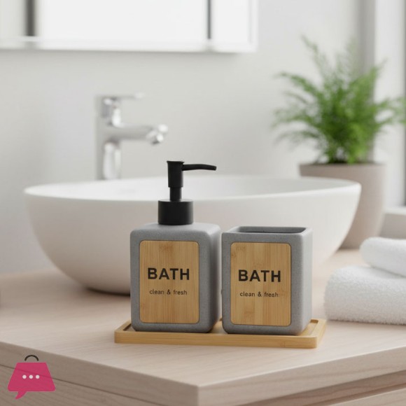 Modern Bamboo & Concrete Bath Accessory Set - Soap Dispenser & Toothbrush Holder