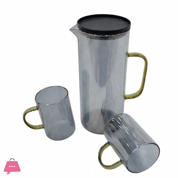 Modern Lightweight Amber Glass Water Pitcher and 6-Piece Mug Set with Filter Lid