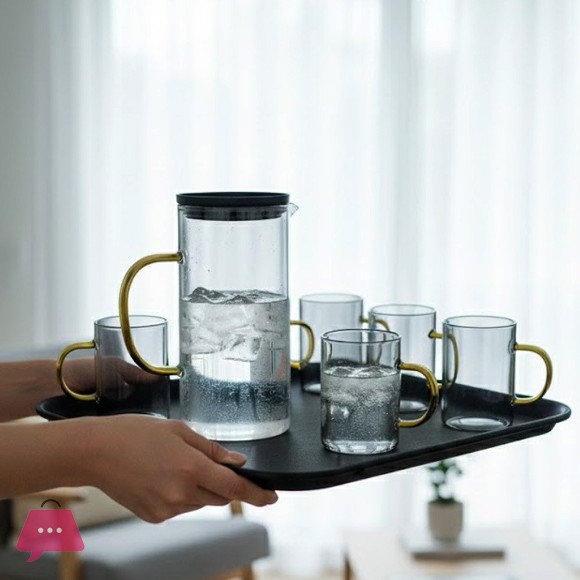 Modern Lightweight Amber Glass Water Pitcher and 6-Piece Mug Set with Filter Lid