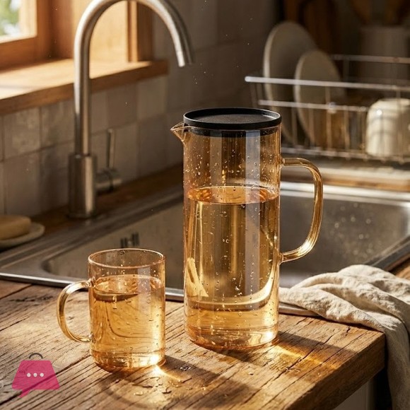 Modern Lightweight Amber Glass Water Pitcher and 6-Piece Mug Set with Filter Lid