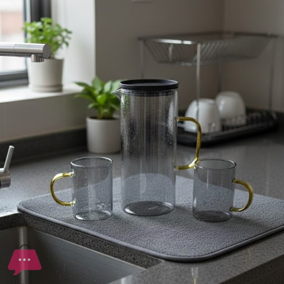 Modern Lightweight Amber Glass Water Pitcher and 6-Piece Mug Set with Filter Lid