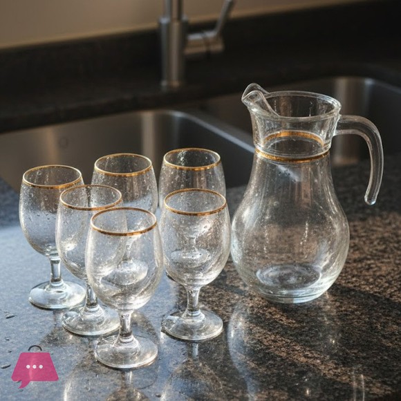 Pasabahce Turkey Gold Rim Glass Water Set (7-Piece) – 1 Jug & 6 Stemmed Goblet Glasses