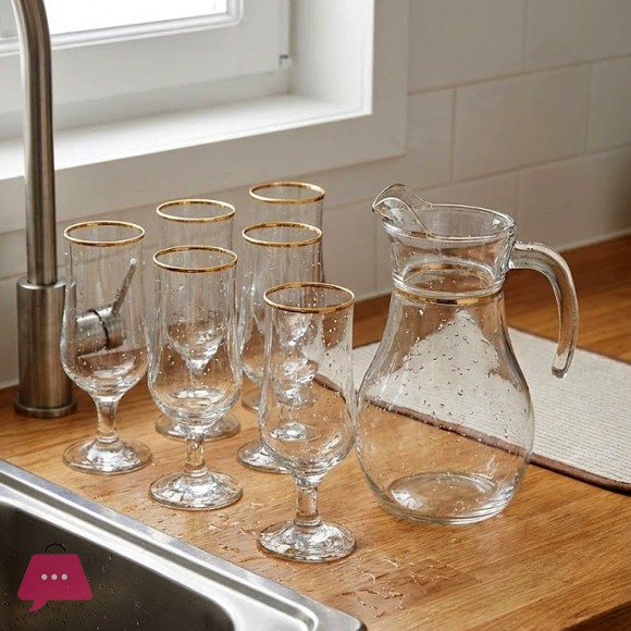 Pasabahce Turkish Gold Rim Stemmed Glasses Water Set (7-Piece) – Luxury Glass Jug