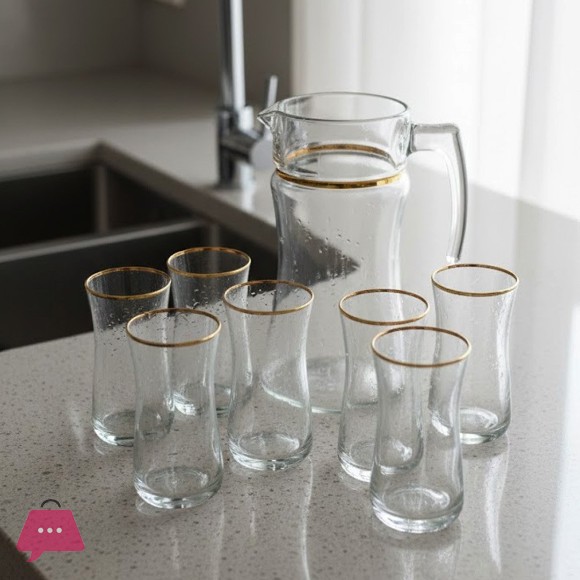 Pasabahce Turkish Gold Rim Water Set (7 Pcs) – Luxury Glass Jug & 6 Tumblers