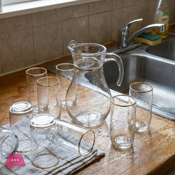 Pasabahce Turkish Gold Rim Water Set (7-Piece) Premium Glass Jug & Tumblers