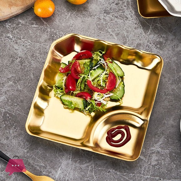 Stainless Steel Snack Plate with Sauce Cup Gold French Fries Plate Square