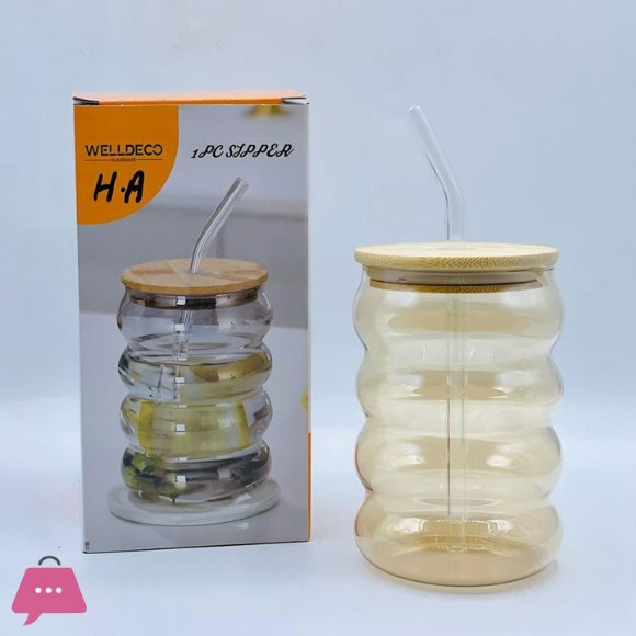 WELLDECO Round Glass Sipper with Glass Straw Tumbler Can with Lid